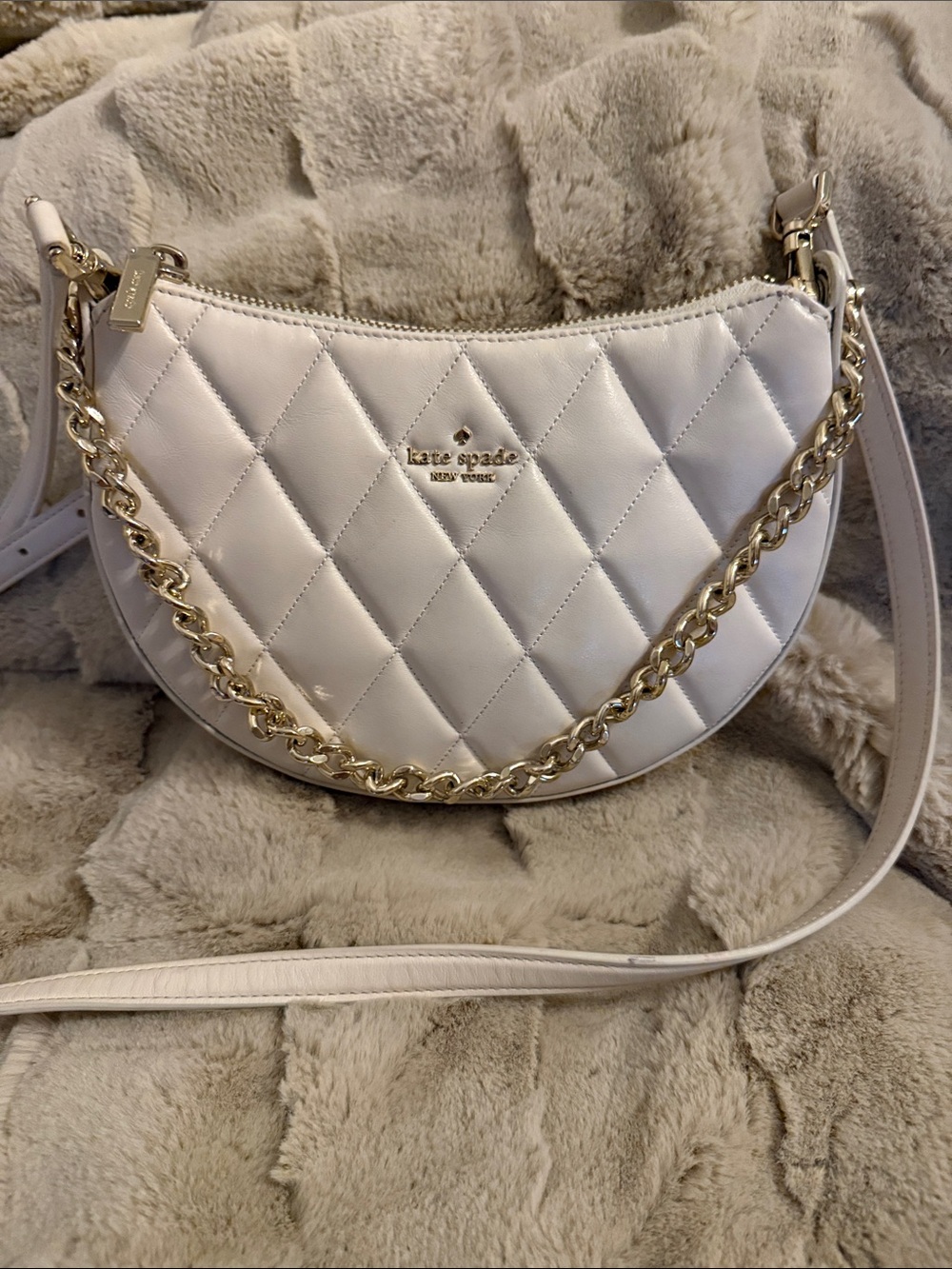 kate spade Small Quilted Crescent Crossbody Bag in White with Gold Chain Accent